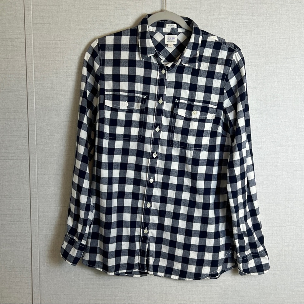 J Crew Perfect Fit‎ Blue White Plaid Cotton Button Front Women’s Shirt Medium